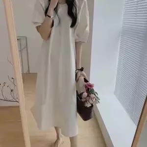 반팔원피스 퍼프소매 루즈핏 롱 원피스 아이보리 여름 데일리 내추럴룩