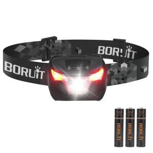 빨간색 흰색 조명이 있는 BORUIT BR01 헤드램프 - AAA 배터리 구동 LED 헤드램프, 초밝은 4모드 플래시라이트로 낚시를 즐기는 성인 캠핑을 위한 제품입니다