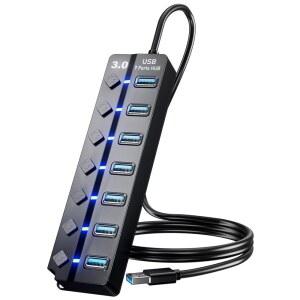 [미국배송] USB 3.0 허브 노트북 PC 컴퓨터 SURFACE PRO PS4/5 플래시 드라이브 모바일 HDD용 3피트 길이 케이블 확장 기능이 있는 PANPEO 7포트 데이터 허브 스플리터 - LED 개별 켜기/끄기 기능 포함