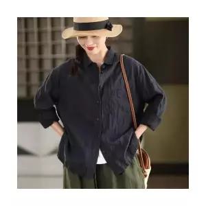 마이진 여성용 롱 가을 연사 탑 샌드워싱 루즈핏 린넨 싱글 셔츠 긴팔 블라우스 칼라 ADOR3