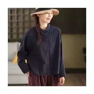 마이진 롱 여성 가을 빈티지 루즈핏 셔츠 블라우스 샌드 워싱 린넨 연사 칼라 긴팔 ADOR3