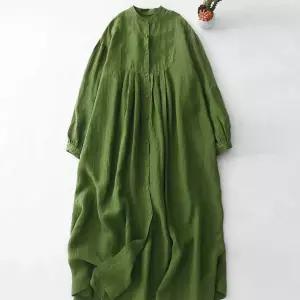 에네로 원피스 스커트 그린 가을 여성가을원피스 린넨 딥 긴팔 여 루즈핏 가운 UNO3