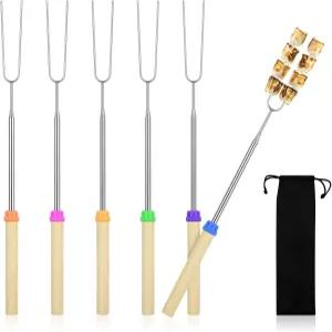 6팩 스모어 스틱 32인치 마시멜로 불 구덩이용 로스팅 가방 포함 확장 가능한 꼬치 핫도그 포크 캠프파이어