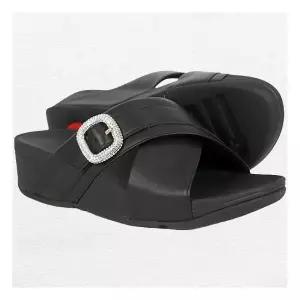 [핏플랍]루루 크리스탈 버클 레더 블랙 여성 크로스 슬라이드 (HO1-001)