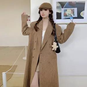 후니오 롱 하프 봄 빈티지 린넨 트릭스 루즈핏 카라 시보리 버튼 터틀넥 슈트 더블 스크럽 코트 여성하프코