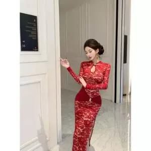 원피스 롱 치파오 트임 펀칭 레이스 동남아 ible1