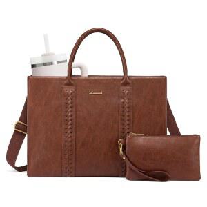 [미국배송] LOVEVOOK 여성용 노트북 토트백 컵 홀더가 있는 빈티지 가죽 작업 가방 방수 컴퓨터 지갑 프로페셔널 서류 가방 오피스 숄더 핸드백 15.6인치 브라운