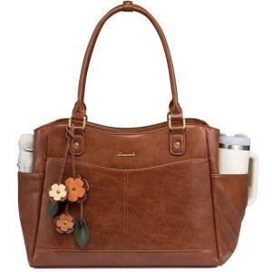 [미국배송] 여성용 러브뷰 노트북 가방 가죽 빈티지 워크 토트백 컴퓨터 사무실 교사 큰 컵 홀더 포함