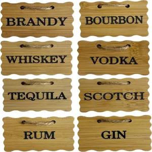 나무 주류 디캔터 라벨 8개 태그 세트 2.36 x 1.51 인치 버번 위스키 보드카 진 럼 스카치 데킬라 브랜디