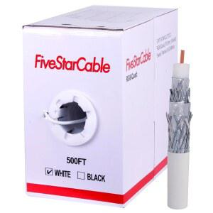 5성급 케이블 RG6 500피트 쿼드 차폐 동축 - 이지 풀 박스, 블랙 앤 화이트, ETL, CL2 등급, 18AWG, 75옴, HDTV, 위성, TV, 인터넷 및 CCTV 설치용(화이트, 500피트)