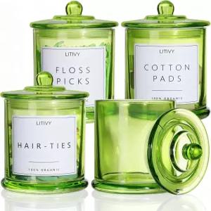 LITVY 4팩 욕실 정리함 및 보관 - 뚜껑이 있는 16온스 유리 큐팁 홀더 면 패드 디스펜서 가정용 약병 방