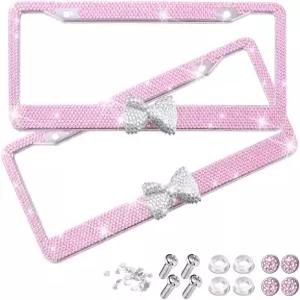 여성용 샌드프렌 블링 자동차 번호판 프레임 2PCS 크리스탈 라인스톤 스테인리스 스틸 차량 홀더 글리터