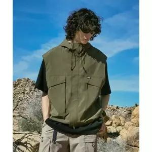 FLUKE 하이넥 후드 집업 우븐 베스트 카키 FVT204