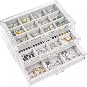 프로케이스 귀걸이 홀더 정리함 주얼리 박스 서랍 3개 포함 여성용 조절 가능한 벨벳 트레이 아크릴 클리어