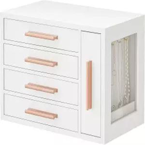 여성용 후브로 주얼리 박스 투명 창문이 있는 나무 정리함 4겹 귀걸이 목걸이 반지 화이트 및 골드용 홀더