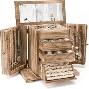 여성용 엠포고 주얼리 박스 거울이 있는 러스틱 나무 및 정리함 반지 귀걸이 목걸이 팔찌용 4겹