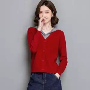 EAMT 여친 니트 페이크 투피스 후드 카디건 쇼트 배색 아우터 봄옷 EUNG1