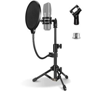 [미국배송] 마이크 스탠드 책상 테이블 삼각대 책상 높이 조절 가능 소형 스탠드 팝 필터 쇼크 마운트 클립 1/4인치에서 5/8인치 어댑터 블루 예티 스노우볼용