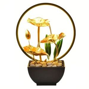 LED 조명이 있는 화쯔이 테이블탑 분수, 11인치 골드 로터스 실내 폭포 분수, 교체용 워터 펌프 1개가 있는 USB 전원 젠 테이블 분수