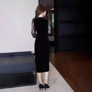 EAMT 원피스 여성용 미디 프렌치 레이스 스커트크로스 모헤어 골드 벨벳 봄가을 EUNG3