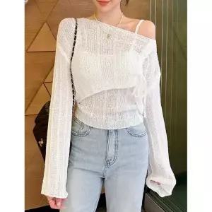 봉구 4컬러 부클 시스루 크롭 언발 셔링 니트 나시 투피스 세트