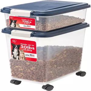 IRIS USA 개 사료 보관 용기 30파운드 및 11파운드 콤보 고양이 간식 밀폐 쌓기 바퀴 간편한 이동성 네이비
