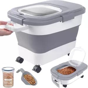 DDMOMMY 15-23파운드 밀폐형 개 사료 보관 용기 뚜껑 바퀴 손잡이가 있는 접이식 스쿱이 대형 고양이 작은
