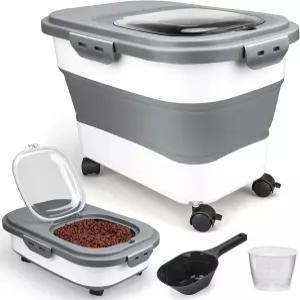 비레텍 반려견 사료 보관 용기 롤링 휠 밀폐 잠금 뚜껑이 있는 10-20Lbs 접이식 반려동물 컵과 스쿱이 건조
