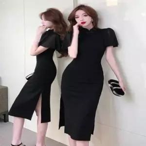 EAMT 검정 망사 프릴 미누이 소매 개량식 여자원피스 치파오 롱원피스 YJ3