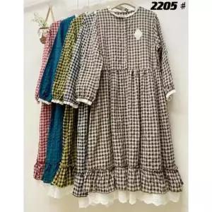 EAMT 원피스 빈티지 면마 여자원피스 루즈핏 봄가을 컨트리풍 체크 자수 프릴 롱스커트 긴팔 YJ3