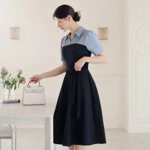 시크라인 (~XXL까지)(기장선택) 솔리에 배색 카라 리본끈 플레어 원피스 여름 하객룩 오피스룩 모임룩 격식