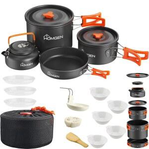 HOMGEN 휴대용 캠핑 조리기구 세트 경량 알루미늄 냄비 및 프라이팬 키트 - 논스틱 / 등 캠핑/하이킹/낚시 기타 야외 여행을 위한 완벽한 메시 포함