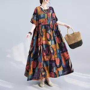 여성용 플라워 원피스 여름 빅사이즈 프린트 라운드 반팔 롱 CH1