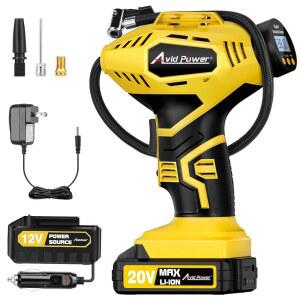 [미국배송] AVID 전원 무선 타이어 인플레이터 휴대용 공기 압축기 20V 충전식 배터리 구동 자동차 펌프 12V DC 어댑터 디지털 압력 게이지 자동차 자전거 오토바이 볼용 펌프