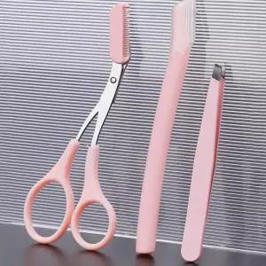 눈썹정리 정실속교한 눈썹칼 3종세트 핑크 핀셋 가위