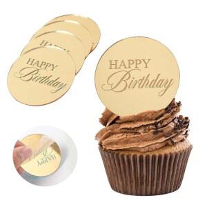 월파크 20개 골드 미러 생일 축하 컵케이크 토퍼 원형 각인 케이크 DIY 선물 꽃다발 페이스트리 디저트 장식