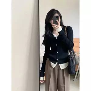 여성 니트 그레이 봄가을 카디건 브이넥 아우터 시크 상의 가짜투피스 CH1