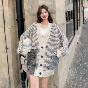 여성 데님 니트 브이넥 가디건 패치 코트 시크 CH1