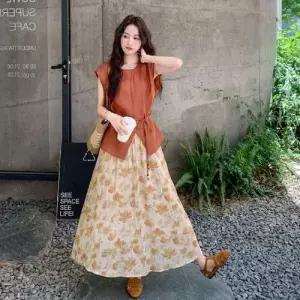 원피스 스커트 여사친 투피스 레이스 오렌지 민소매 톱 세트 KS1