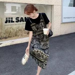 원피스 여사친 하계 캐주얼 플라워 프린트 티 롱스커트 J KS1