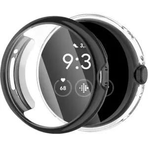 Amzpas 2팩 구글 픽셀 워치 화면 보호 케이스 소프트 도금 TPU 풀 어라운드 민감한 터치 커버 블랙 투명