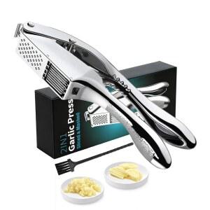 마늘 프레스 앤 슬라이서 2 in 1, 녹 방지 및 식기세척기 안전한 전문 다진 도구, 인체공학적 핸들 브러시 ANCQMI(실버)로 마늘을 쉽게 으깨고 다집니다