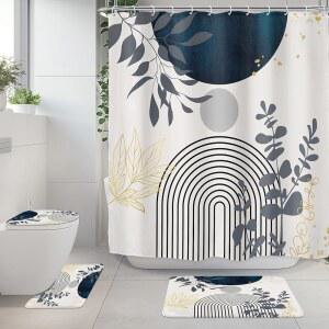 리이데코르 미드 센추리 보호 12개의 달린 윤곽선 블루 네이비 화장실 장식 러그 커튼 뚜껑 4PCS 커버와 추상 욕실 세트 및 샤워 미끄럼 방지 모던 매트 후크가 미니멀리스트