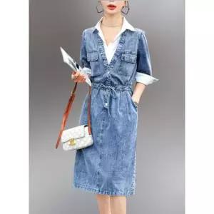 7부소매원피스 여름 카라 셔츠 레이어드 데님 미디 원피스 7부소매