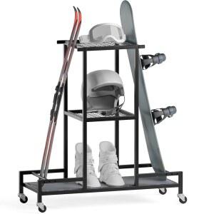 보트레존 스탠딩 스키 보관 랙 스노우보드 및 기어용 3단 정리함 블랙 미끄럼 방지 기능이 있는 차고용