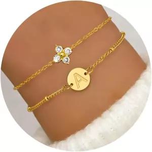 여성용 주톨로카 골드 이니셜 팔찌 큐빅 지르코니아 클로버 친구 선물 자매 베스트 프렌드 생일 베스티