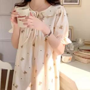 홈웨어 곰돌이 거즈면 프릴 원피스 요루면 순면 공주 잠옷