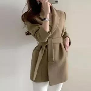 [옷은날개] 허리벨트 모직코트 단추없는 코트 미디기장 랩st 코트 여성코트