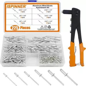 ISPINNER 225pcs 알루미늄 블라인드 리벳 모음 키트 헤비 듀티 핸드 총 도구 6 사이즈 팝 포함
