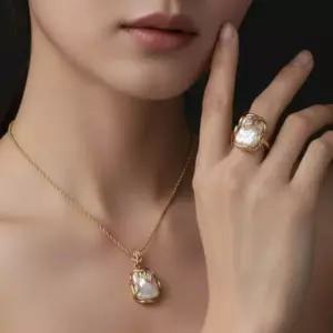 바로크 담수진주 18K 골드 도금 목걸이 반지 세트구성